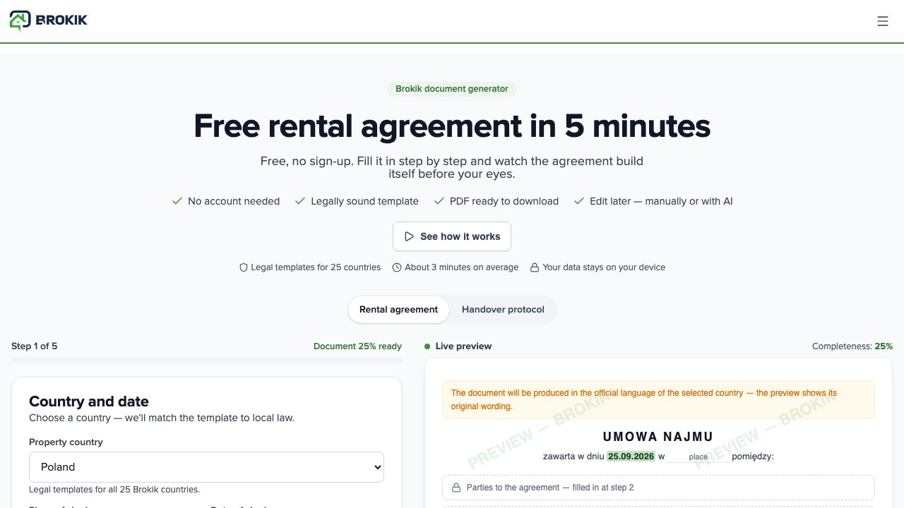 Free rental agreement generator on brokik.com: country choice and a live preview of the agreement