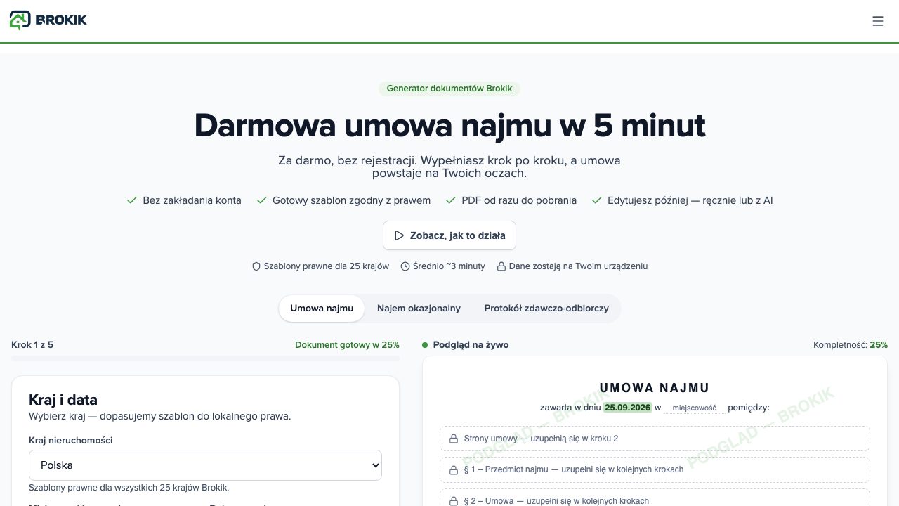Bezpłatny generator umów najmu na brokik.com: wybór kraju i podgląd umowy na żywo