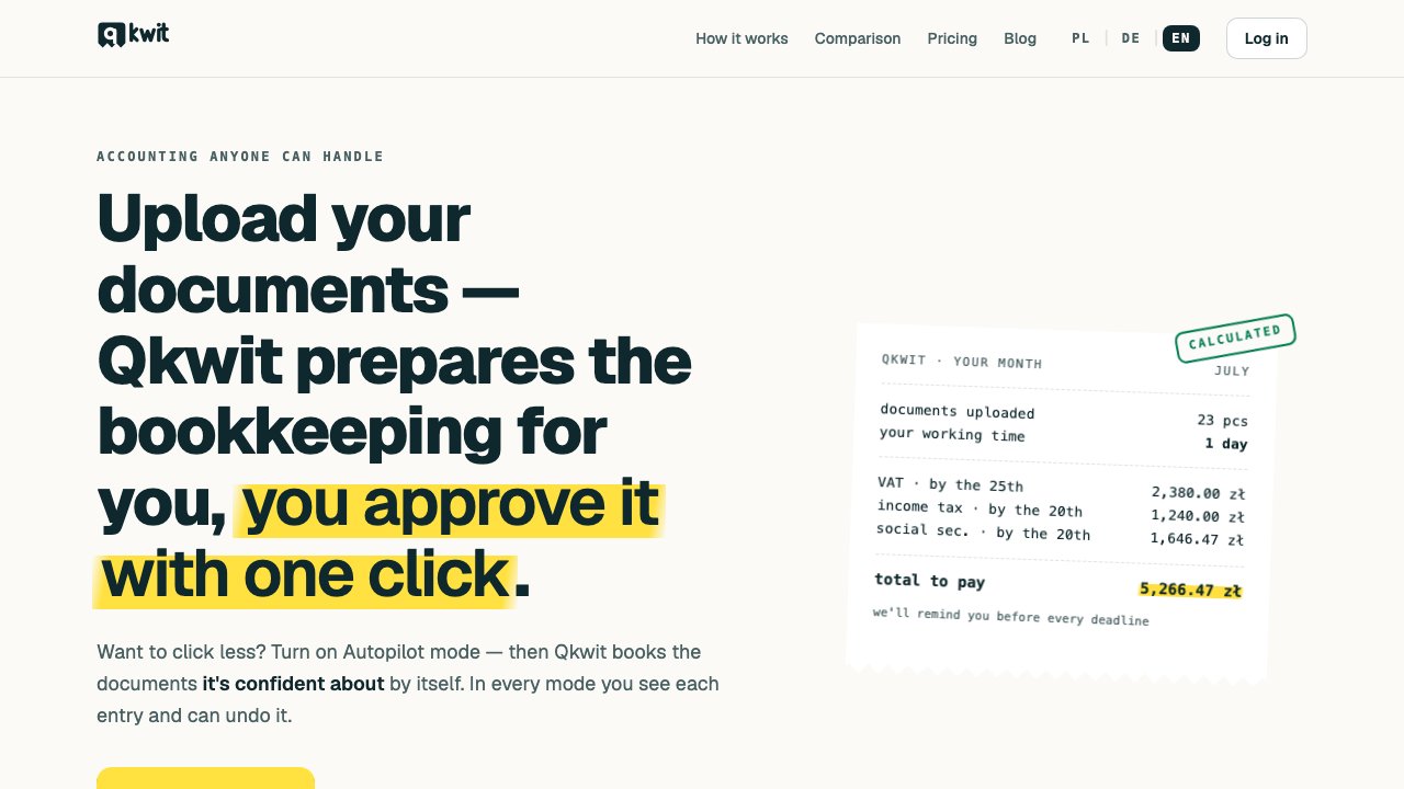 The qkwit.com homepage: upload your documents, Qkwit prepares the bookkeeping, you approve it with one click