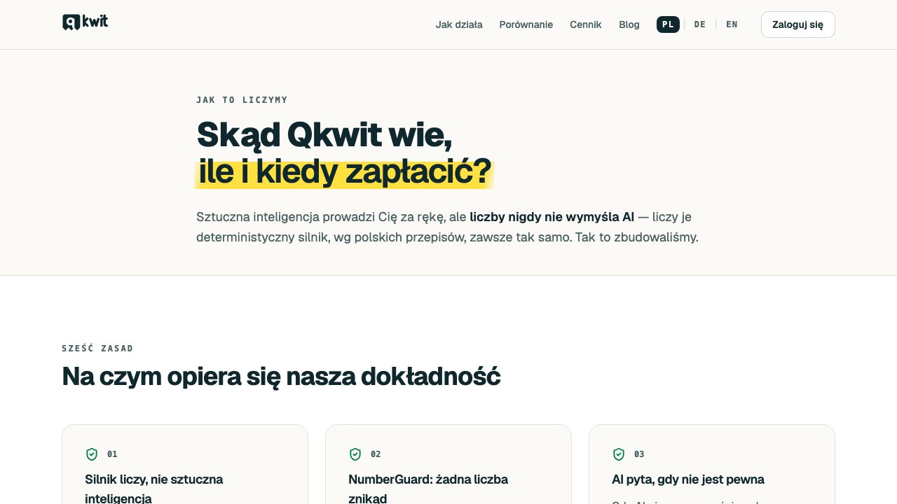Strona „Jak liczymy” na qkwit.com: kwoty liczy silnik, nie sztuczna inteligencja