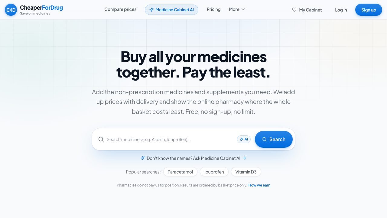 cheaperfordrug.com home page with the search for non-prescription medicines and supplements
